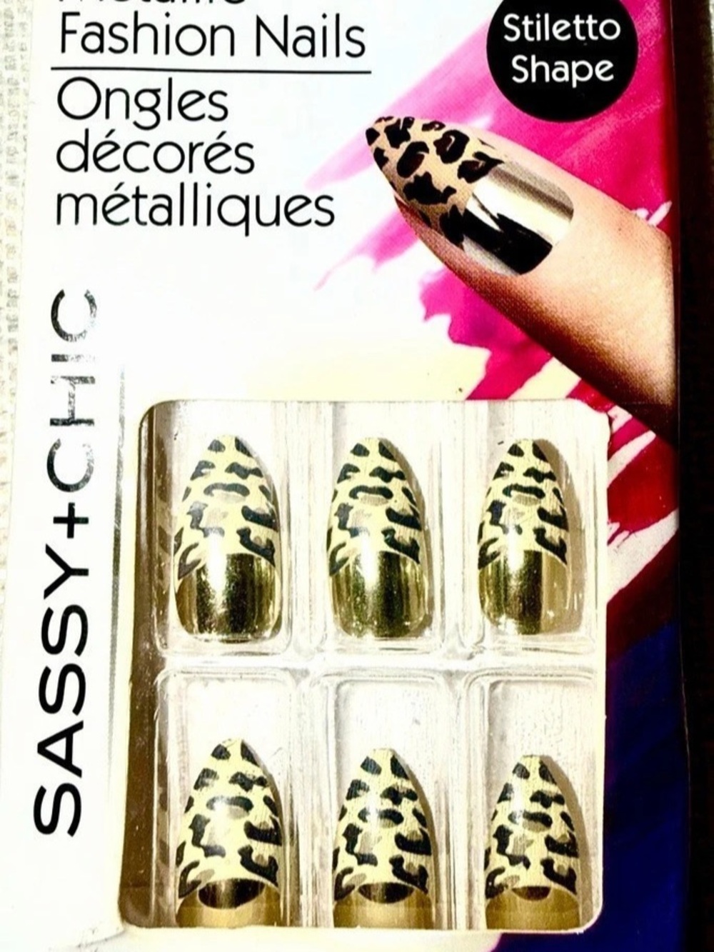 Sassy+Chic Animal Print Metallic 🎃 Nails Stiletto Shape Gold/Black/Tan NWT